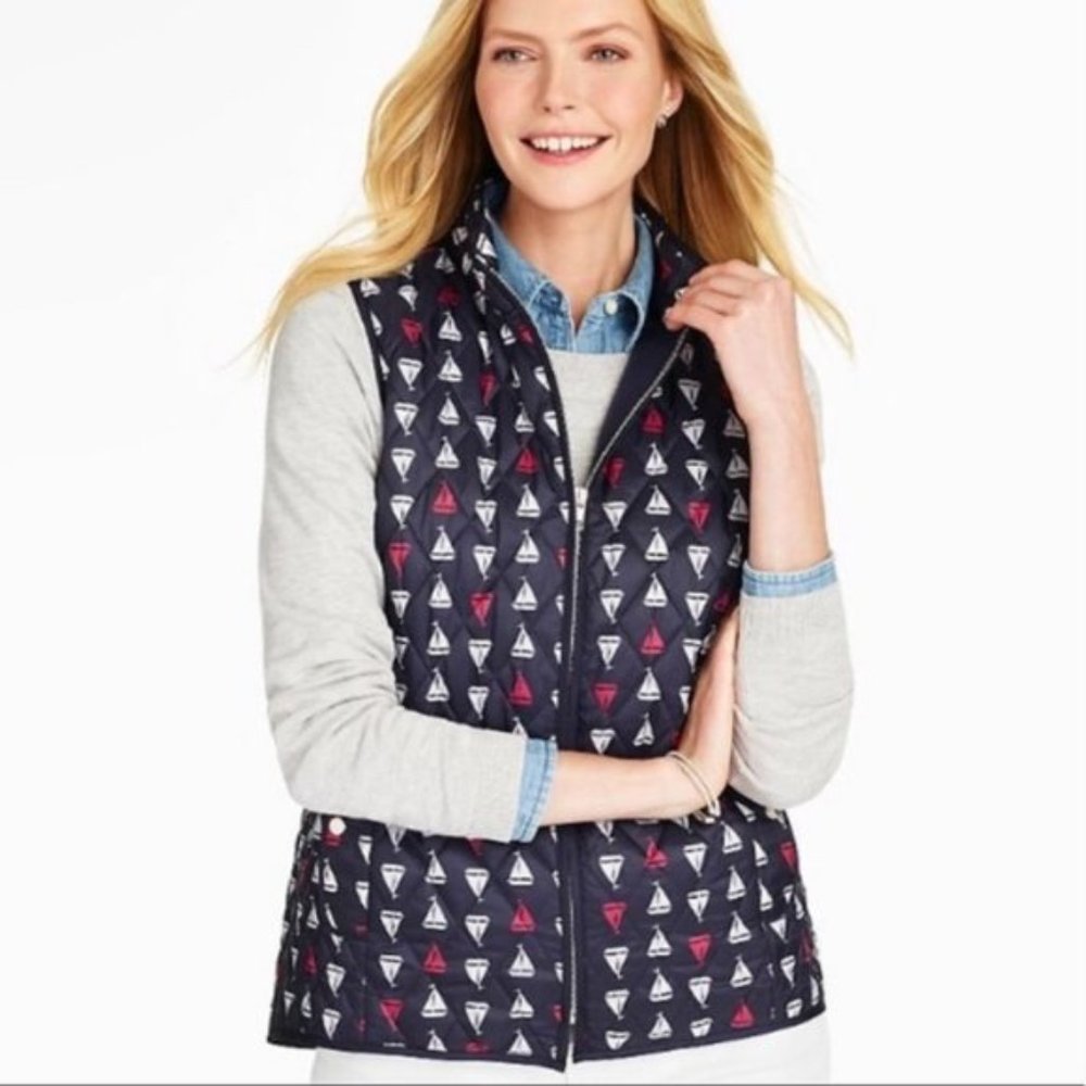 Talbots Nautical Theme Navy Blue Quilted Puffer Vest with Red & White Sailboats